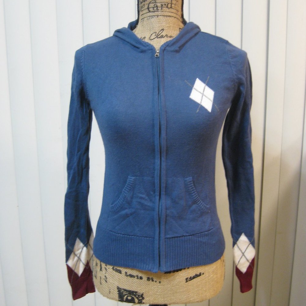 NWOT Takeout blue argyle hoodie sweater jacket M med medium